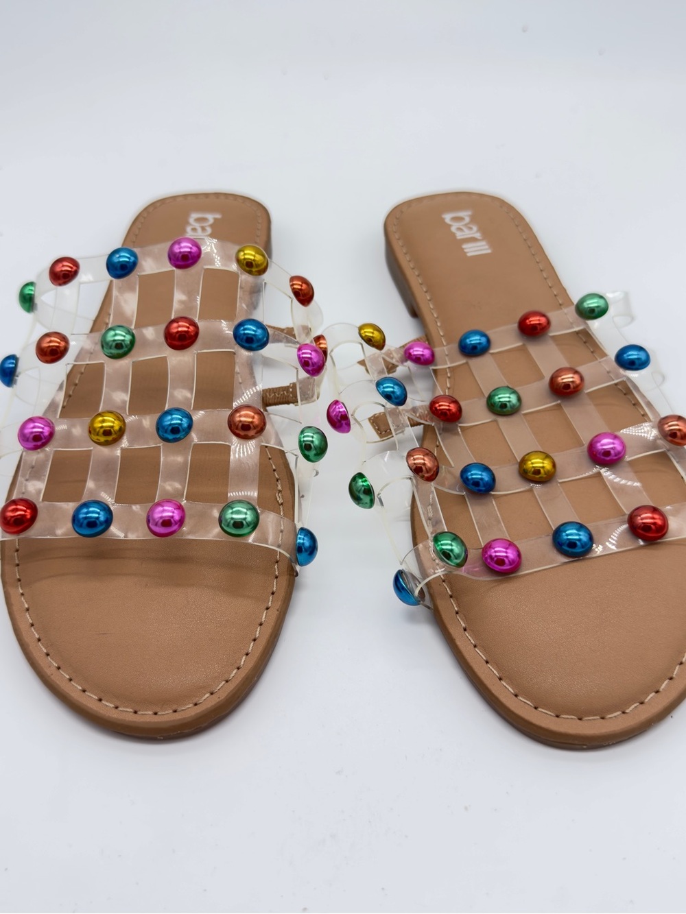 Bar III Clear Slide Sandals with Multicolor Metallic Studs on Tan Footbed